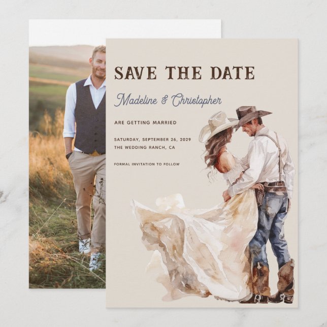 Convites Casamento de Rancho Boho Western Foto Salvar a Dat (Frente/Verso)