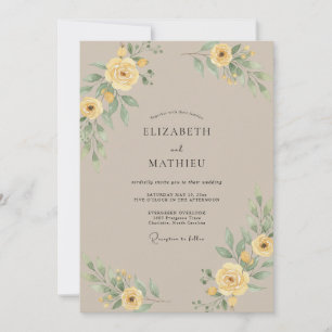 Convites Casamento de Ranúnculo Amarelo Taupe com Eucalipto