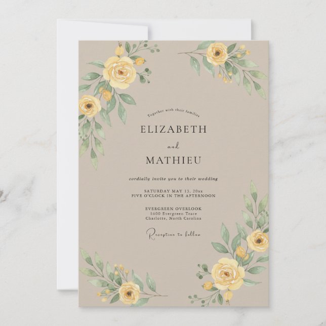 Convites Casamento de Ranúnculo Amarelo Taupe com Eucalipto (Frente)