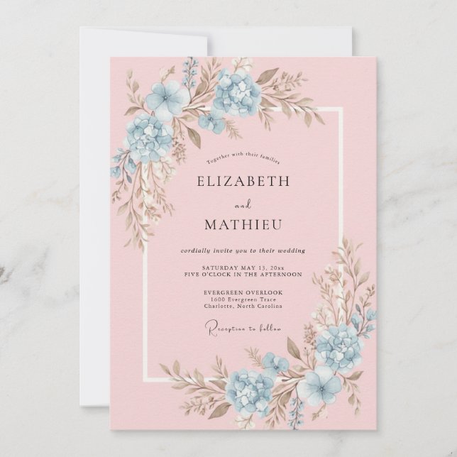 Convites Casamento de Ranúnculo Azul Pastel Rosa Eucalipto (Frente)