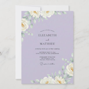 Convites Casamento de Ranúnculo Branco de Lavanda com Eucal