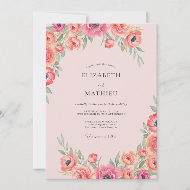 Convites Casamento de Ranúnculo Coral Eucalipto Rosa (Frente)