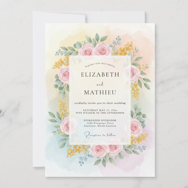Convites Casamento de Ranúnculo de Eucalipto Amarelo Pastel (Frente)