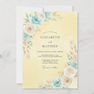 Convites Casamento de Ranúnculo de Eucalipto Aqua Amarelo P