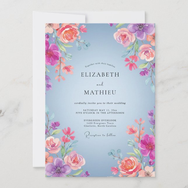 Convites Casamento de Ranúnculo de Eucalipto Azul-rosa Pêss (Frente)