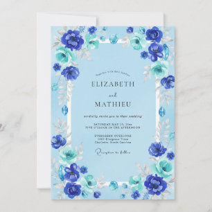 Convites Casamento de Ranúnculo de Eucalipto Cobalto Azul