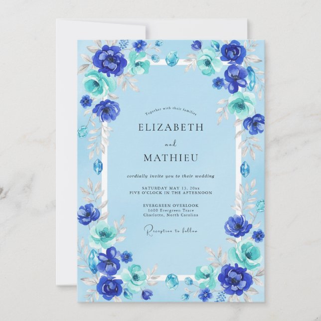 Convites Casamento de Ranúnculo de Eucalipto Cobalto Azul (Frente)