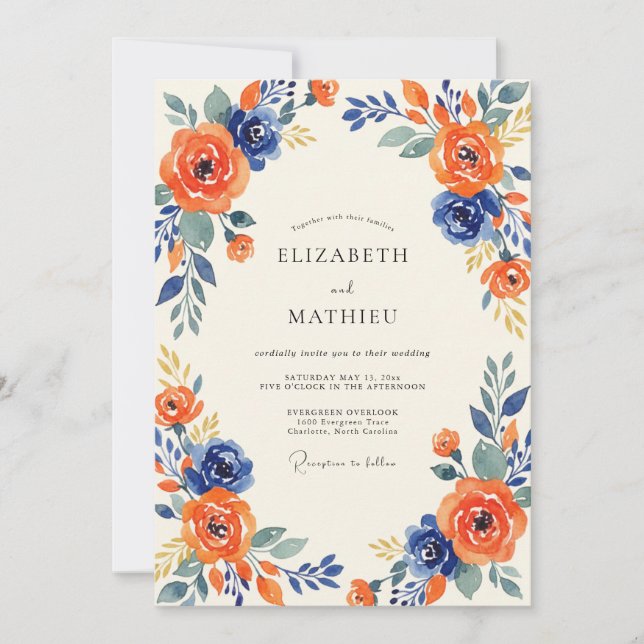 Convites Casamento de Ranúnculo de Eucalipto Navy Âmbar (Frente)
