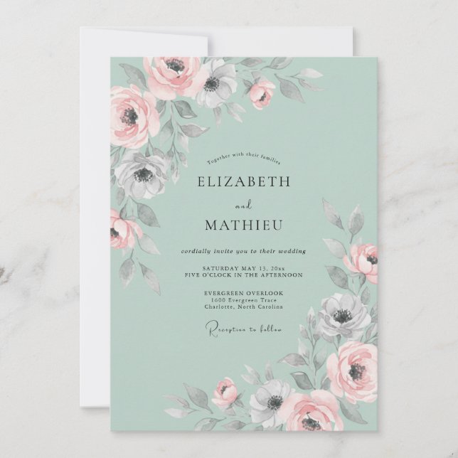 Convites Casamento de Ranúnculo de Eucalipto Pastel Menta (Frente)