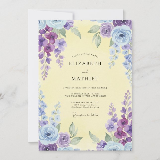 Convites Casamento de Ranúnculo de Eucalipto Violeta Limão (Frente)