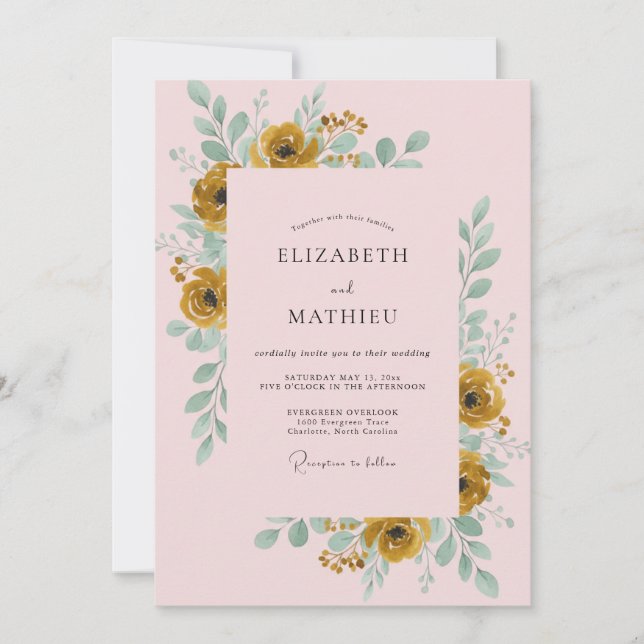 Convites Casamento de Ranúnculo Dourado com Eucalipto Rosa (Frente)