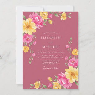 Convites Casamento de Ranúnculo Eucalipto Amarelo Magenta