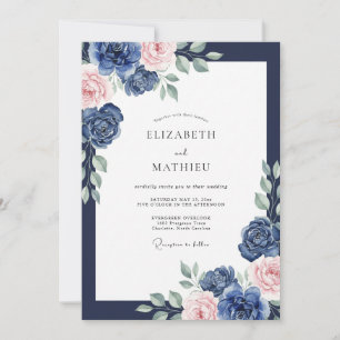 Convites Casamento de Ranúnculo Eucalipto Azul-Marinho Rosa