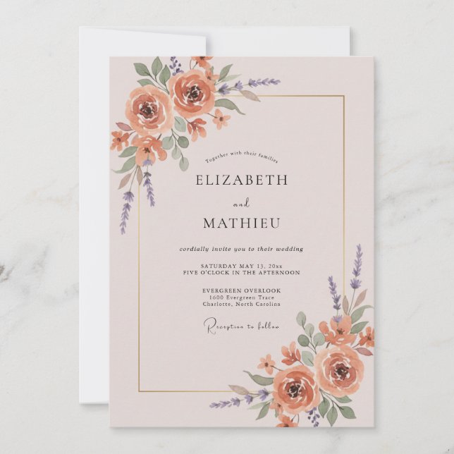 Convites Casamento de Ranúnculo Eucalipto Bege Rosa (Frente)