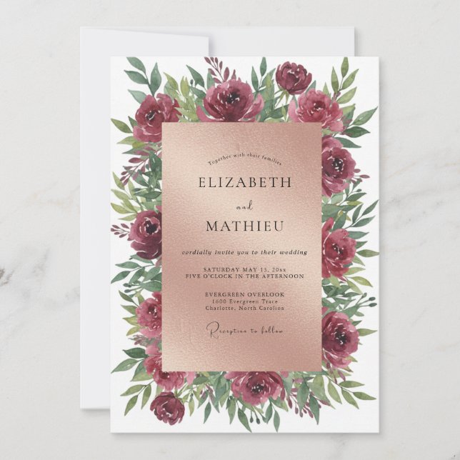 Convites Casamento de Ranúnculo Eucalipto Bordeaux (Frente)