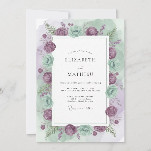 Convites Casamento de Ranúnculo Eucalipto Celadon Malva (Frente)