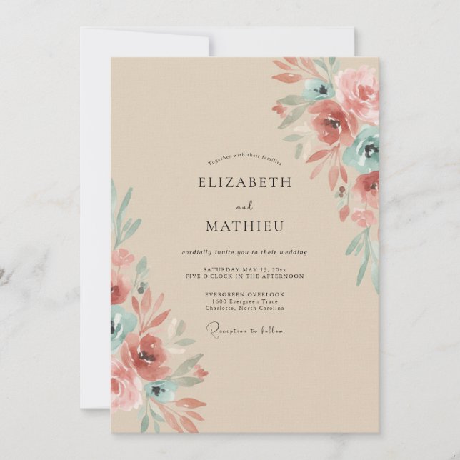 Convites Casamento de Ranúnculo Eucalipto Champanhe Mauve (Frente)