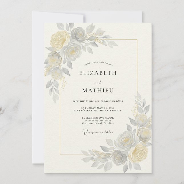 Convites Casamento de Ranúnculo Eucalipto Cinza Champanhe (Frente)