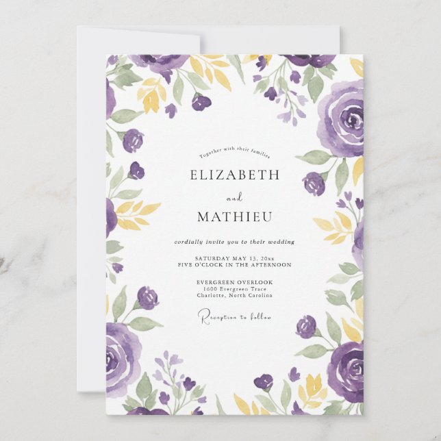 Convites Casamento de Ranúnculo Eucalipto Dourado Violeta (Frente)