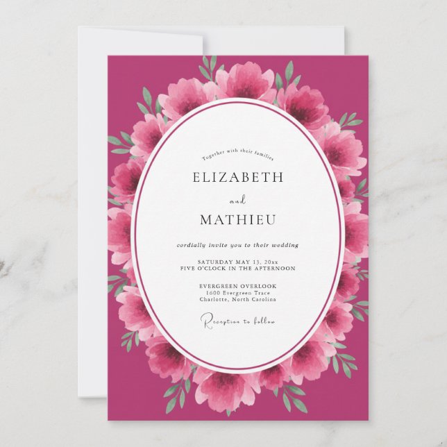 Convites Casamento de Ranúnculo Eucalipto Magenta (Frente)
