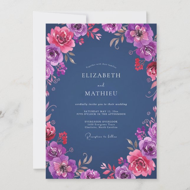 Convites Casamento de Ranúnculo Eucalipto Magenta Ameixa (Frente)