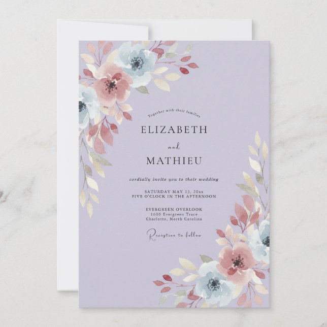 Convites Casamento de Ranúnculo Eucalipto Roxo Azulado (Frente)