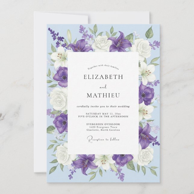 Convites Casamento de Ranúnculo Eucalipto Roxo Azulado (Frente)