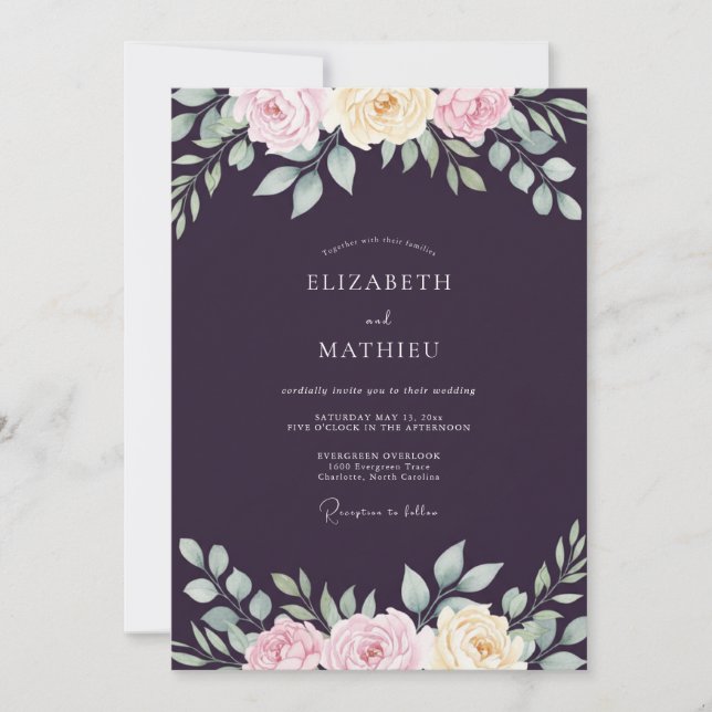 Convites Casamento de Ranúnculo Eucalipto Roxo Fundo (Frente)