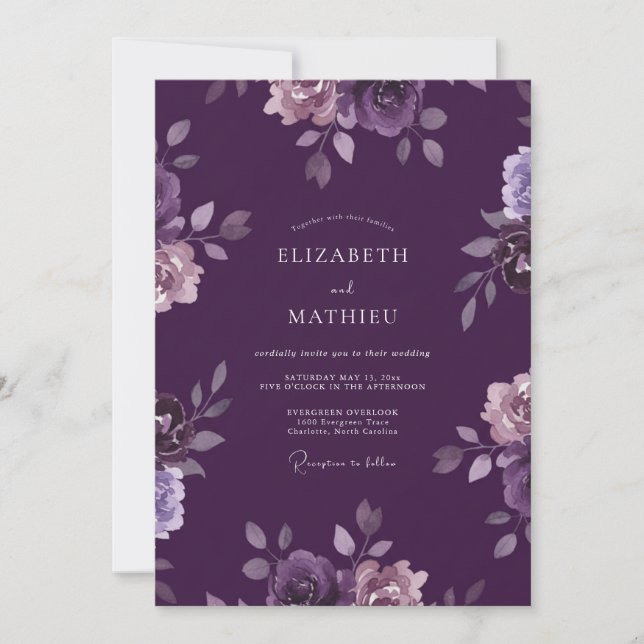 Convites Casamento de Ranúnculo Eucalipto Violeta Profundo (Frente)