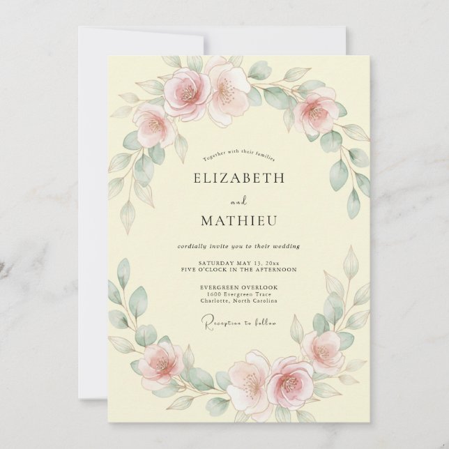 Convites Casamento de Ranúnculo Mauve Creme e Eucalipto (Frente)
