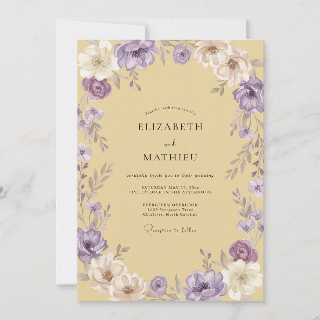 Convites Casamento de Ranúnculo Roxo Manteiga Eucalipto (Frente)