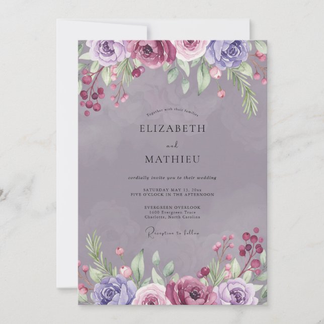 Convites Casamento de Ranúnculo Salvia Ameixa Âmbar (Frente)