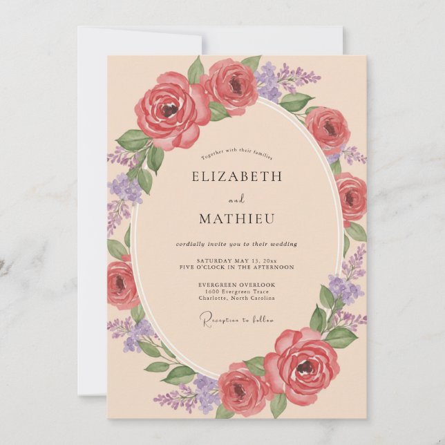 Convites Casamento de Ranúnculo Violeta Coral Eucalipto (Frente)