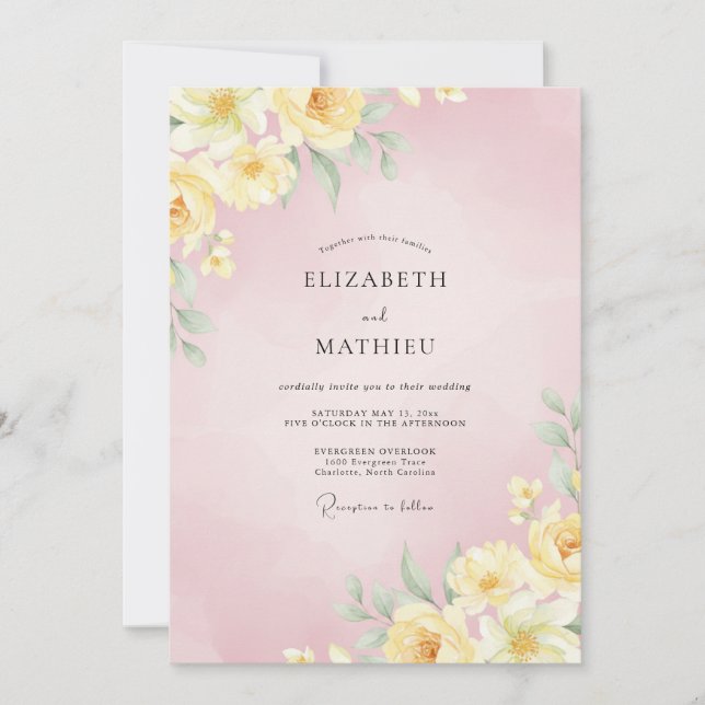 Convites Casamento de Ranunculus Amarelo Eucalipto Rosa Sua (Frente)