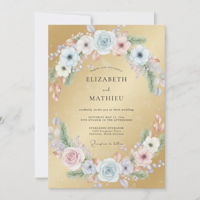 Convites Casamento de Ranunculus Azure Eucalipto Dourado (Frente)
