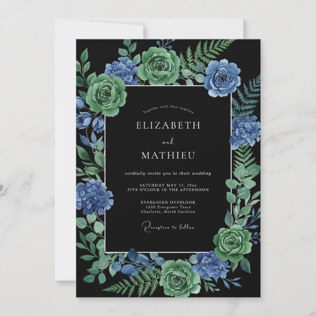 Convites Casamento de Ranunculus Ciano com Eucalipto Preto (Frente)