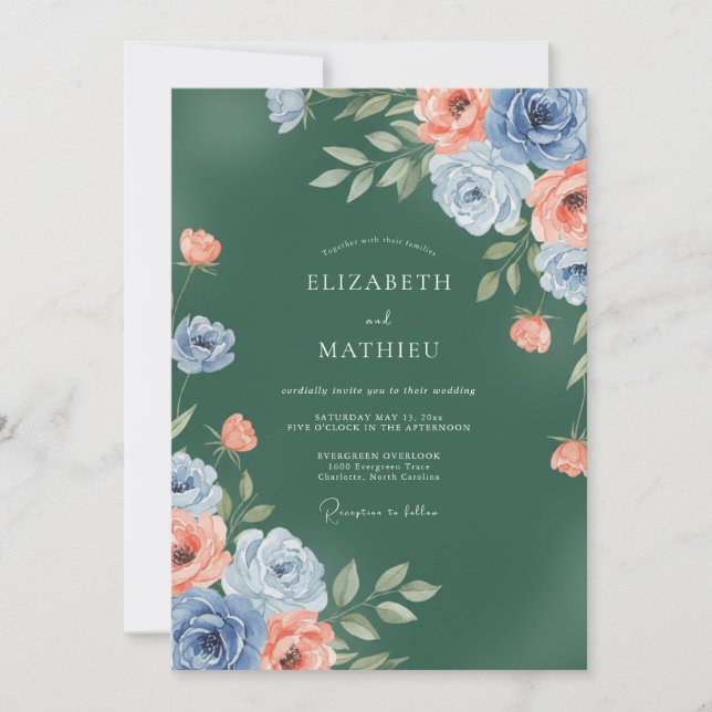 Convites Casamento de Ranunculus Corais Esmeralda Eucalipto (Frente)
