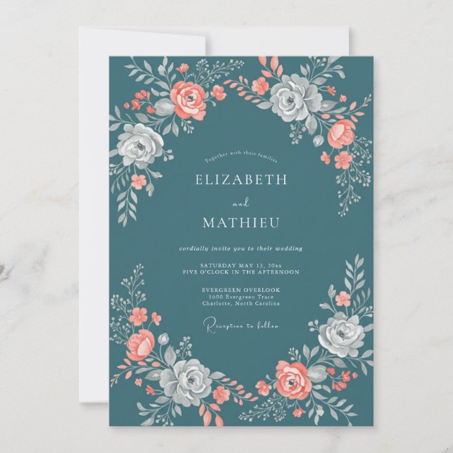 Convites Casamento de Ranunculus Coral Slate Eucalipto Sile (Frente)