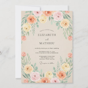 Convites Casamento de Ranunculus de Coral de Pêssego e Euca