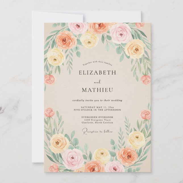 Convites Casamento de Ranunculus de Coral de Pêssego e Euca (Frente)