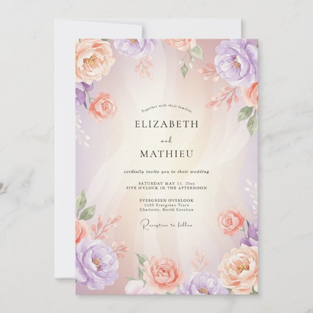 Convites Casamento de Ranunculus de Coral Lavanda Eucalipto (Frente)