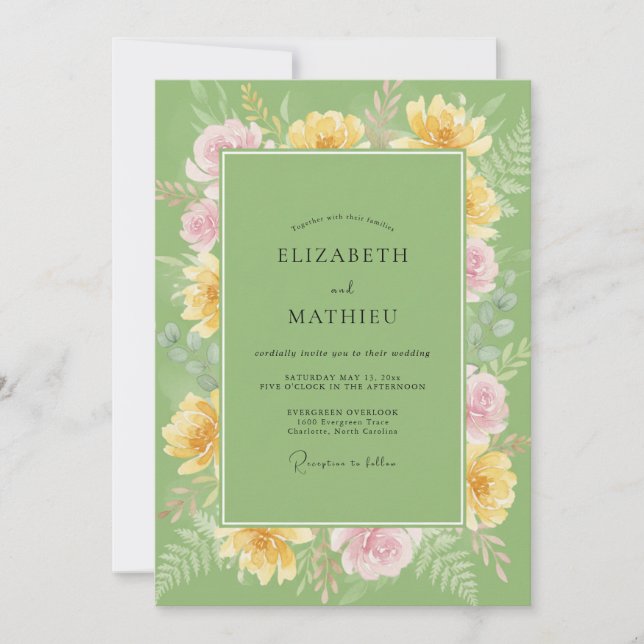 Convites Casamento de Ranunculus de Eucalipto Amarelo Pista (Frente)