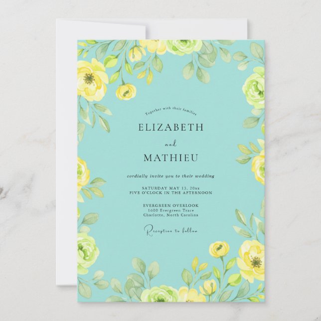 Convites Casamento de Ranunculus de Eucalipto Aqua Limão (Frente)