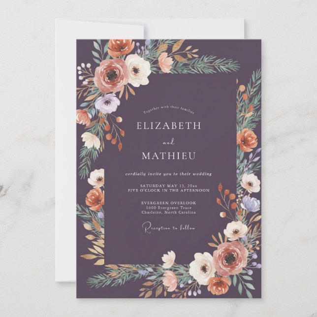 Convites Casamento de Ranunculus de Eucalipto Cinza e Ameix (Frente)