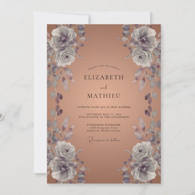 Convites Casamento de Ranunculus de Eucalipto Cobre Prata (Frente)