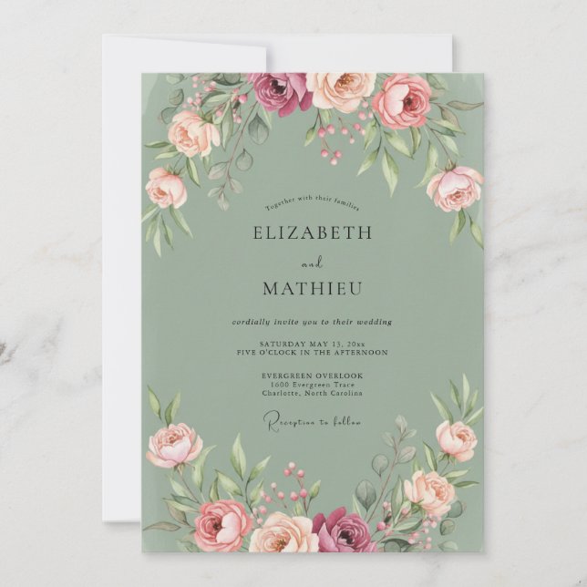 Convites Casamento de Ranunculus de Eucalipto com Oliva Emp (Frente)