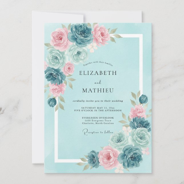 Convites Casamento de Ranunculus de Eucalipto com Rosa Aqua (Frente)