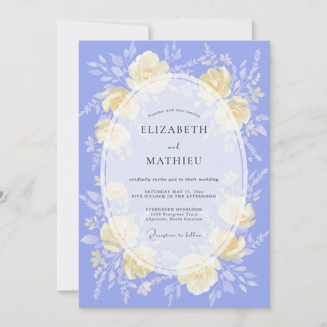 Convites Casamento de Ranunculus de Eucalipto Creme Azul (Frente)