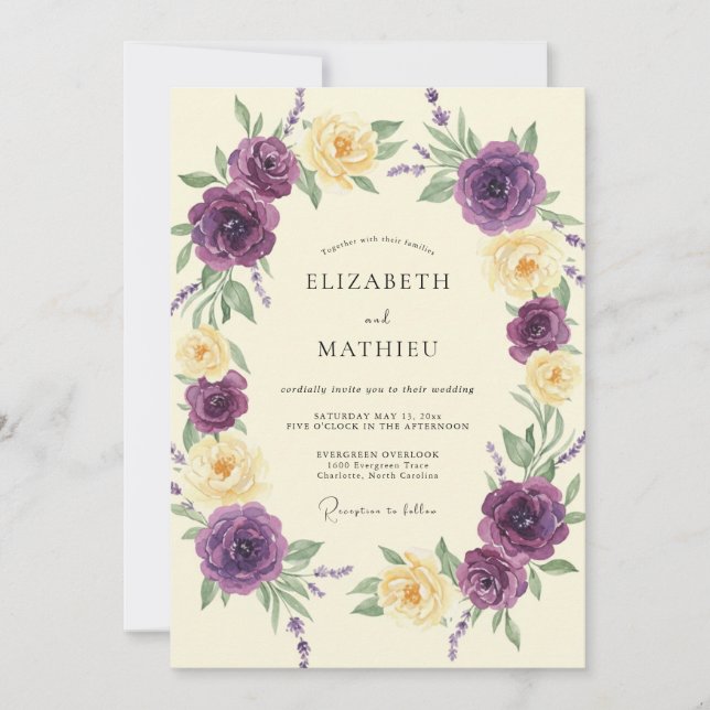 Convites Casamento de Ranunculus de Eucalipto Creme Violeta (Frente)