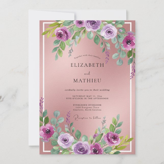 Convites Casamento de Ranunculus de Eucalipto Magenta Rosa  (Frente)